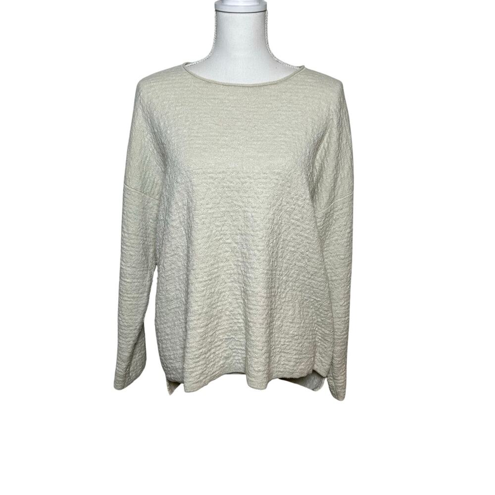 Eileen Fisher ecru  textured linen blend roll hem long‎ sleeve relaxed sweater M